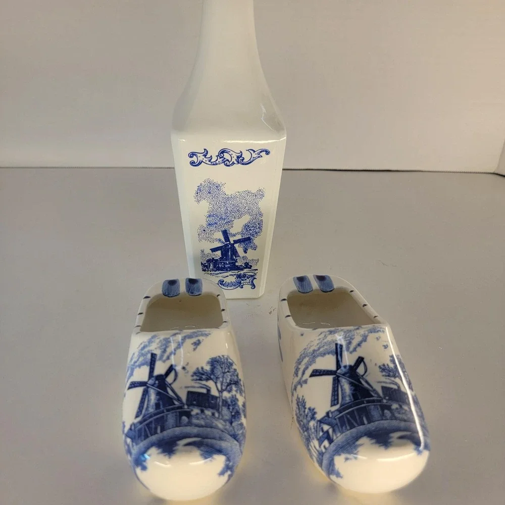 Vintage Delft Blue Windmill Decanter Set Clog Ashtrays Brechner Japan 3 Pc
